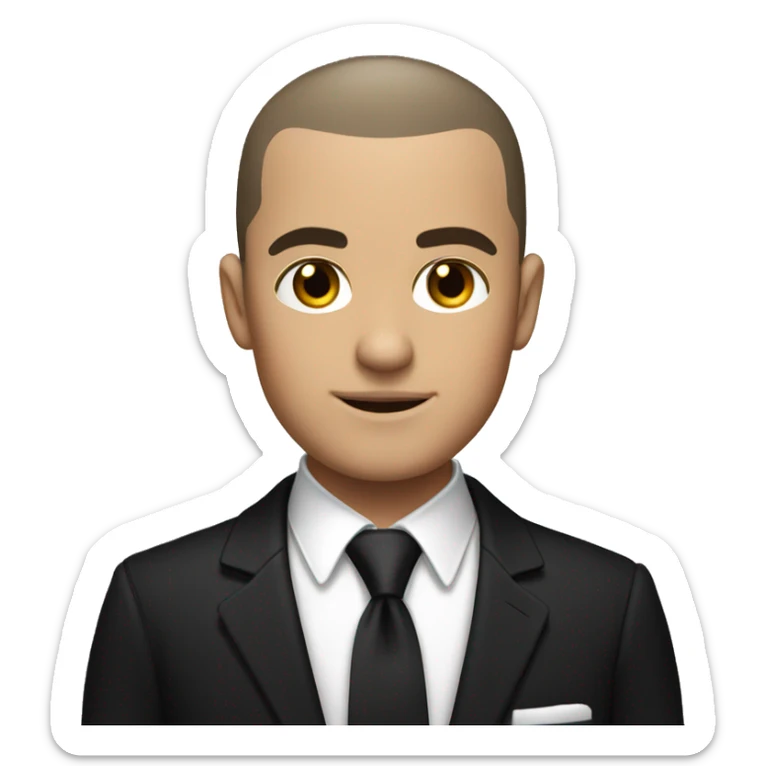 White man with dark hair buzzcut, wearing black suit and tie with white dress shirt  sticker