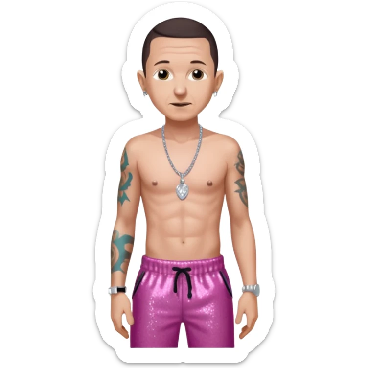 Chester Bennington with dark brown hair, dark pink sequin baggy pants, shirtless with necklace sticker