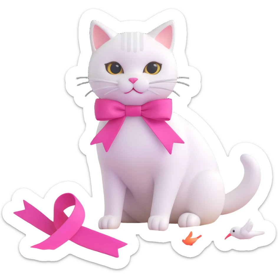 playful 3D iOS style image of a white cat with a pink ribbon, sitting on the beach and watching the sea and birds, in a cute, bright, and rounded design sticker