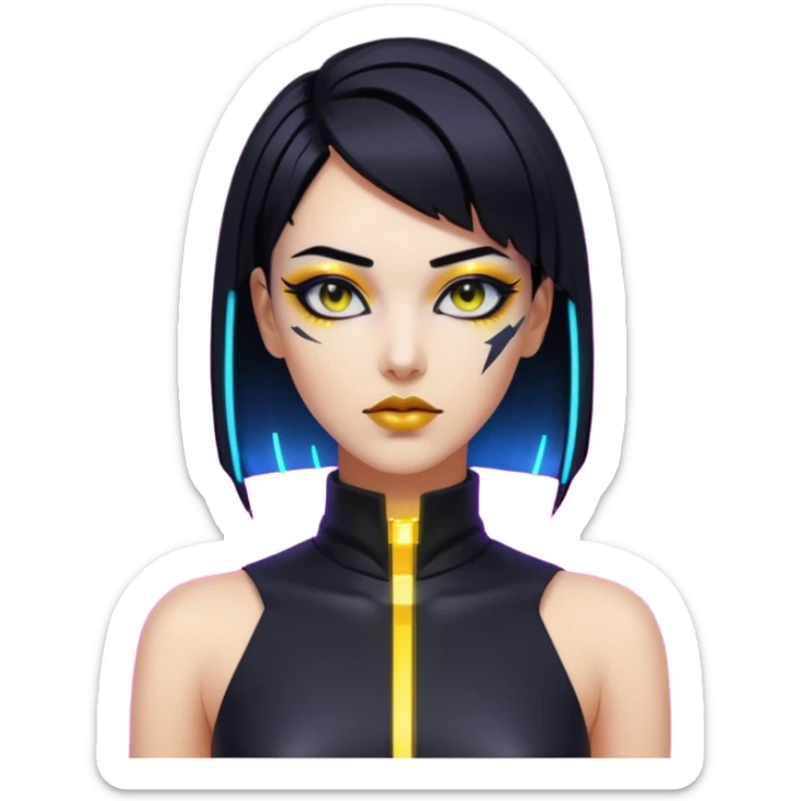 Cyberpunk woman, sleek black bob, gold neck cyberware, sharp eyeliner, neon lighting sticker