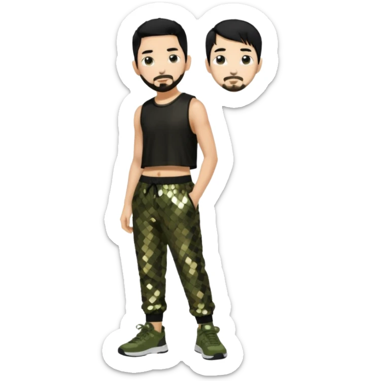 Mike Shinoda with black hair, black sequin crop top, olive sequin baggy pants sticker