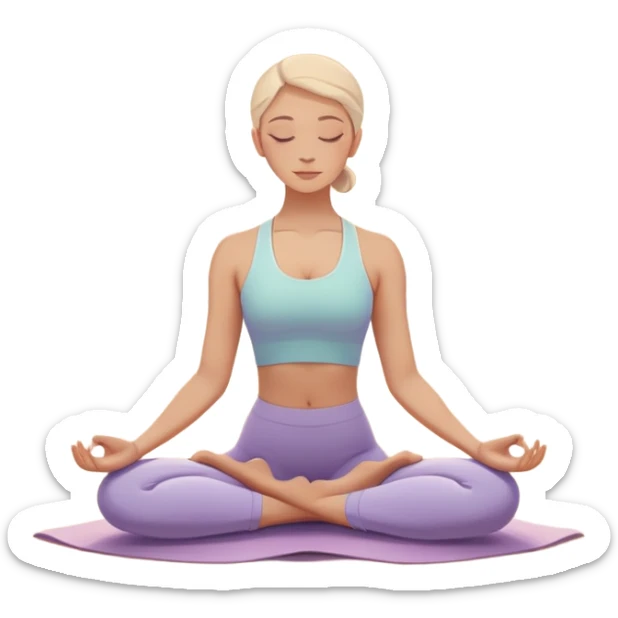 A peaceful person practicing yoga on a calm beach at sunrise, in a serene meditative pose. Soft pastel colors surround the scene, with gentle waves in the background and smooth, flowing lines representing balance and tranquility. The atmosphere feels centered and mindful. sticker