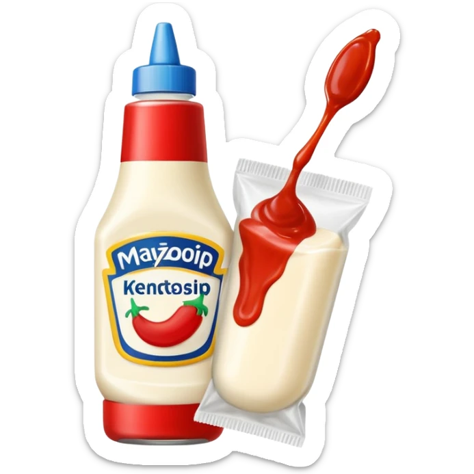 una bustina monoporzione di maionese e una ketchup da 10 ml nella stessa emoji sticker