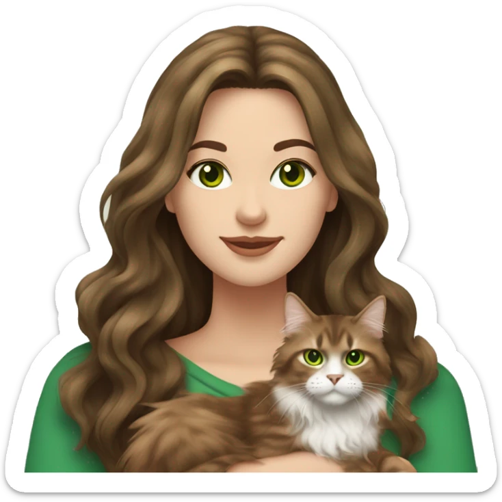 White brunette long wavy hair woman with green eyes holding a brown Maine coon cat  sticker