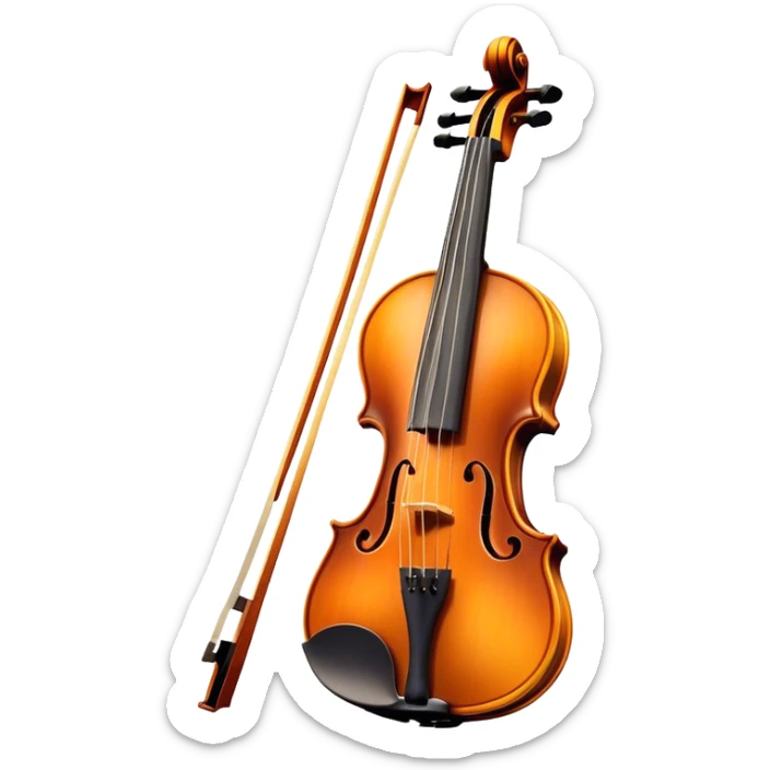 Cinematic Realistic Violin, rich polished wood with delicate curves, taut strings reflecting warm golden light, fine dust particles catching the glow, intricate f-holes adding elegance, glowing with an air of timeless beauty and musical soul. sticker