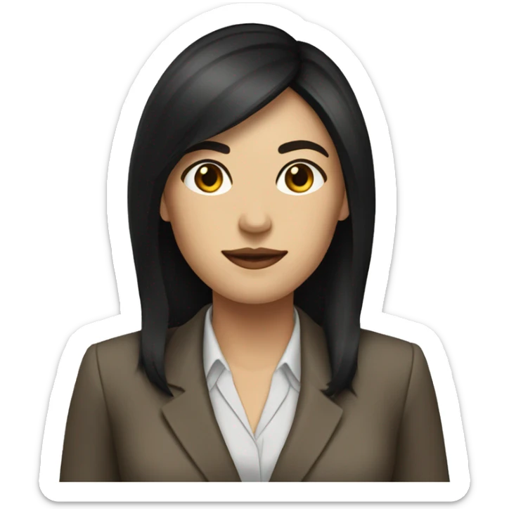 Female defense attorney with long black hair with brown suit sticker