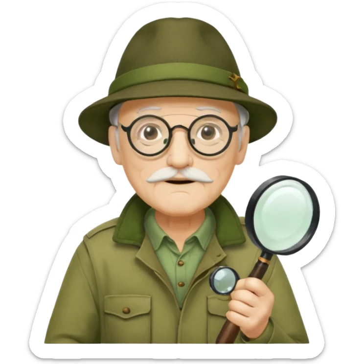 old man in beige moss green explorer outfit, wear black glass, hat, holding magnifying glass sticker
