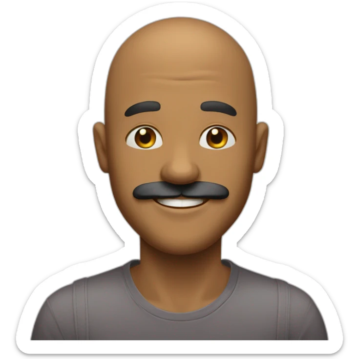 Bald man with very big black mustache and tan skin and a super big smile and smiley eyes sticker