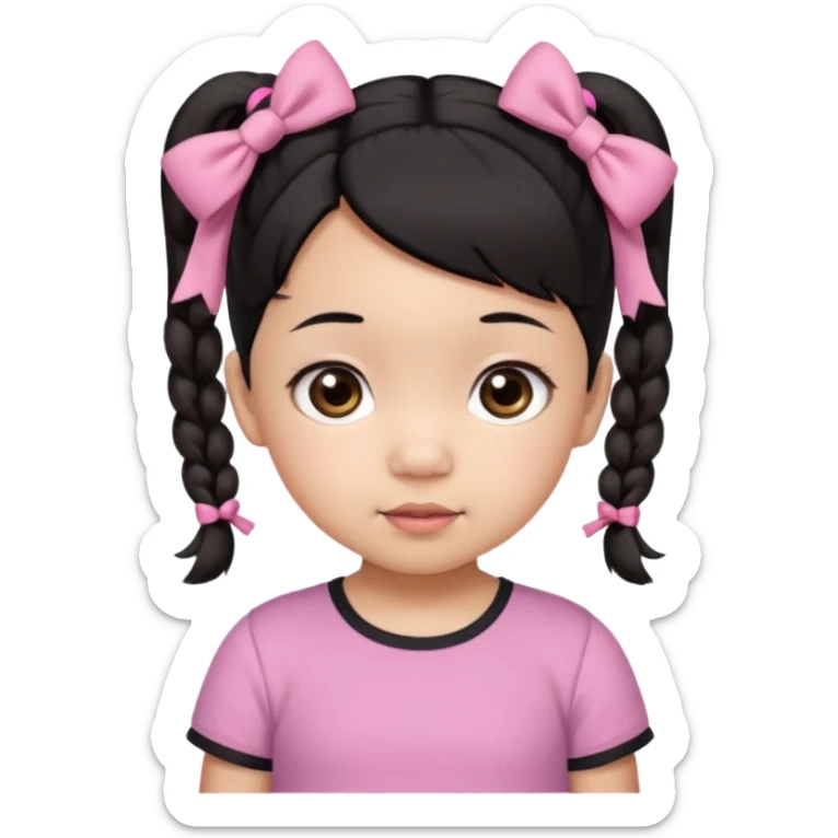 mixed 1 year old girl asian and american with short pigtails and cute bows i dark brown/black hair with big brown eyes emoji in a pink shirt sticker