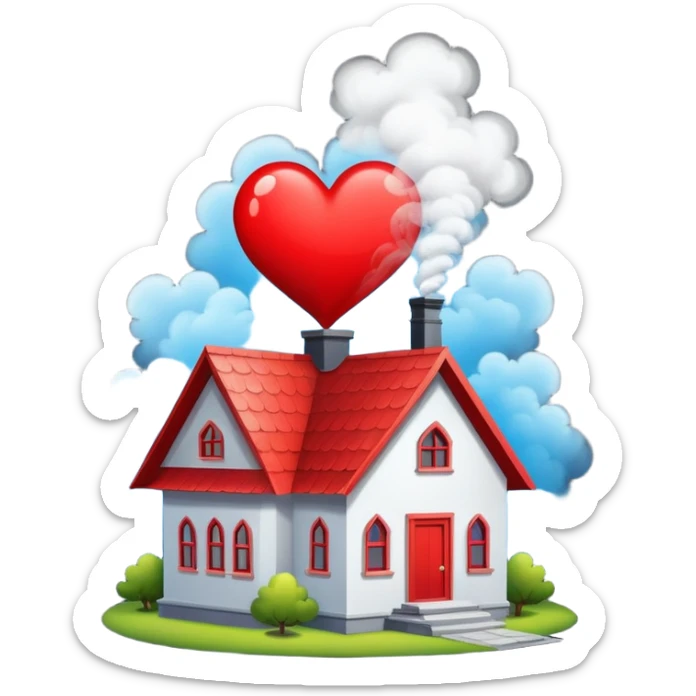 house with a heart coming out of the chimney, simple background, bright colors sticker