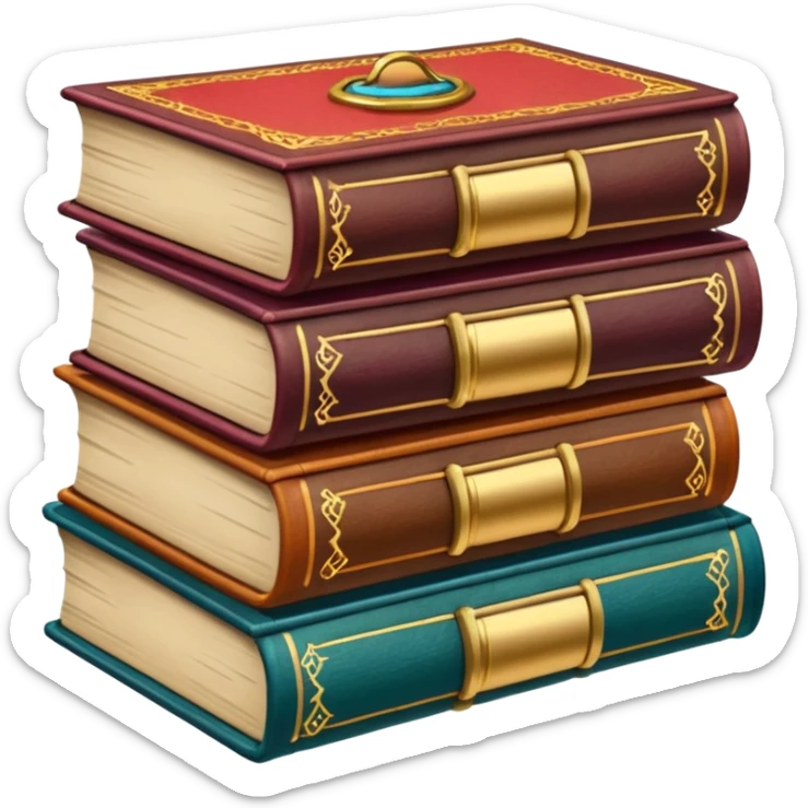 A stack of colorful spellbooks that look like they came out of a fine victorian library sticker