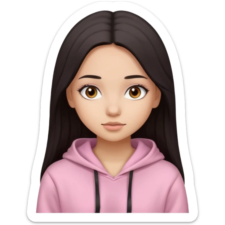 A pretty girl with light skin and long straight black brown hair, wearing a very light pink basic hoodie with brown eyes and makeup and a round face sticker