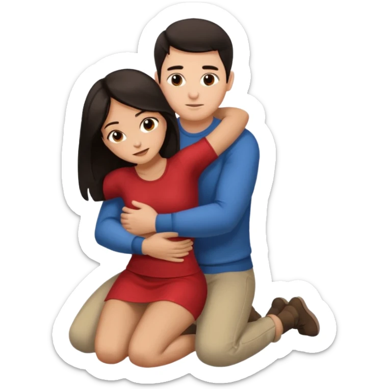 man with dark hair on knees, facing dark haired standing woman, hugging her waist sticker