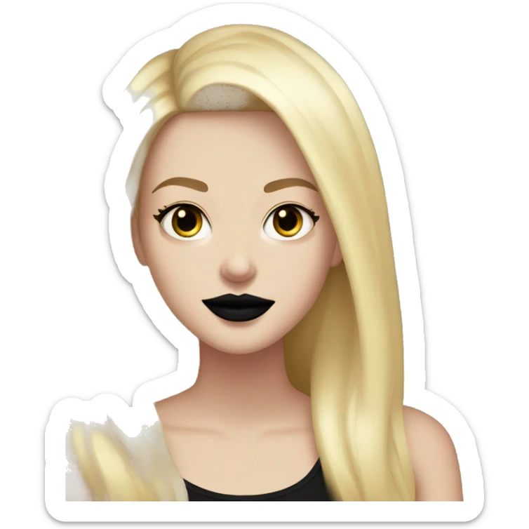 White Girl with long blonde hair eyes closed smiling black tank top and black lipstick,  thick lashes sticker