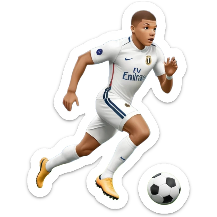 An icon showing Kylian Mbappé running with the ball on a football field during a match. The design captures his speed and focus, with dynamic motion lines and a vibrant background of the field and stadium lights. Transparent background emphasizes the action. sticker