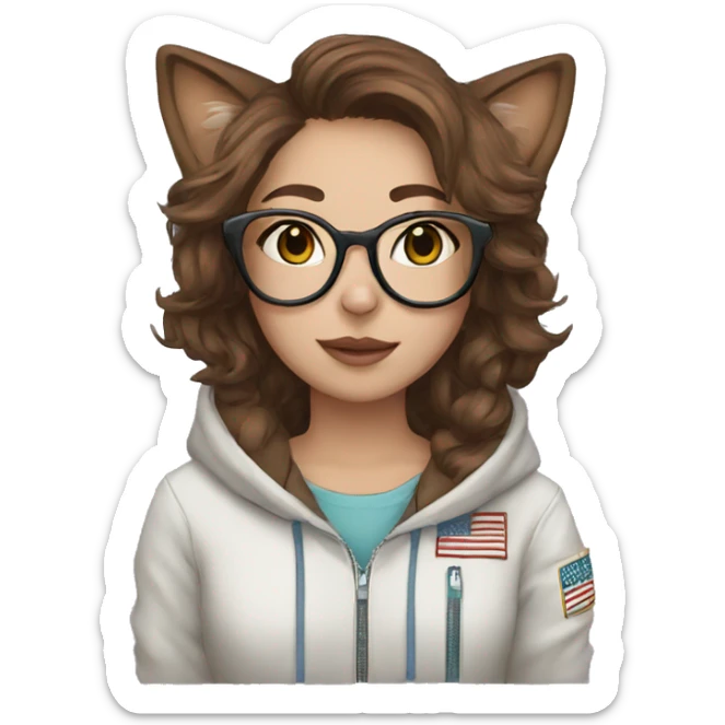 femboy with brown hair, cat ears and pilot glasses in a nasa hoodie sticker