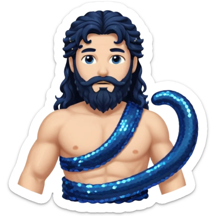 Neptune, God of Sea from Roman Deities with long jet black wavy hair and beard, dark blue sequin toga sticker