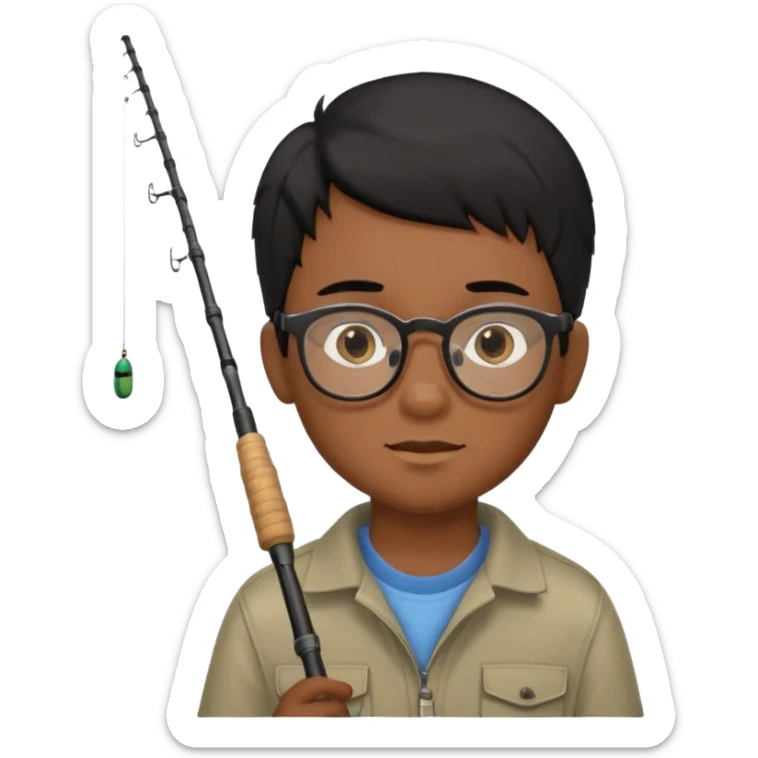 boy with brown skin, glasses, straight black hair, brown eyes, and a fishing pole  sticker