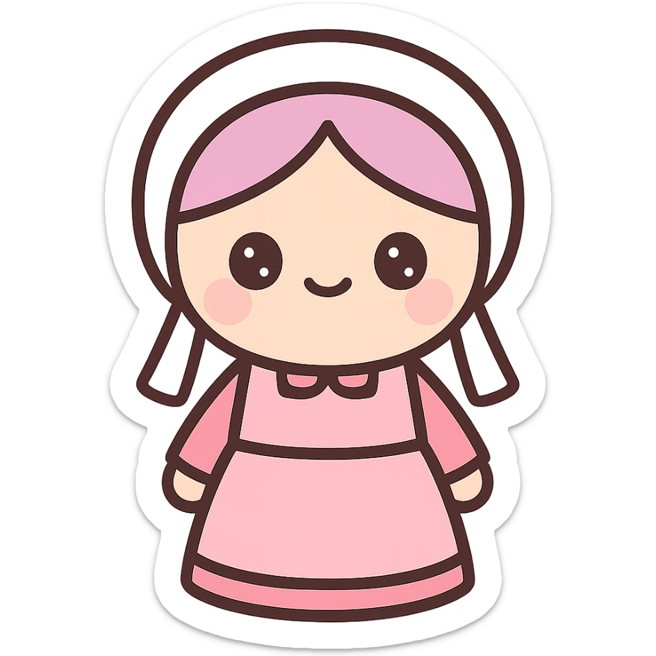 Amish woman in traditional dress, pink color scheme, kawaii style, emoji style sticker