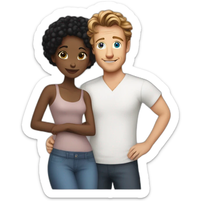 Simon Baker with blue eyes hug a black girl brown eyes and sblack hair in a bun sticker
