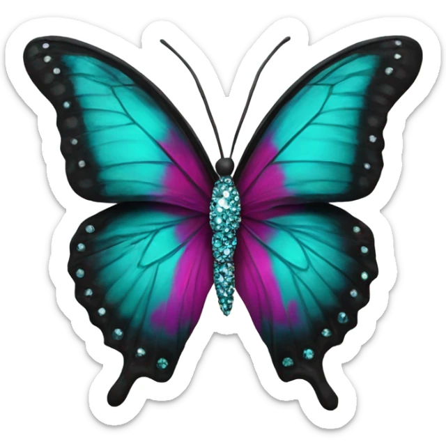 Realistic dark turquoise and black butterfly with magenta accents and rhinestones on it. sticker