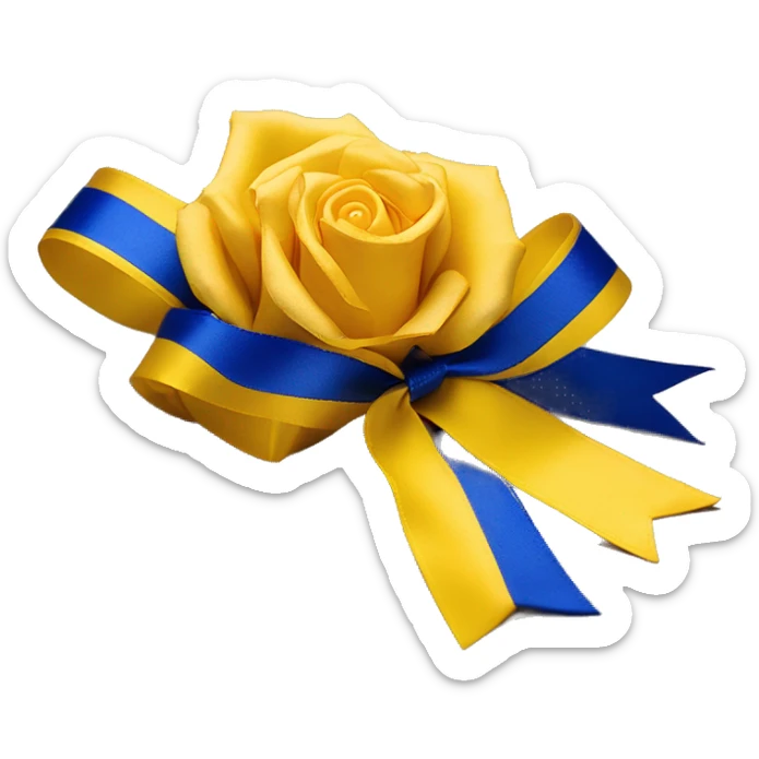Royal blue and gold ribbon tied around the stern of a yellow tea rose sticker