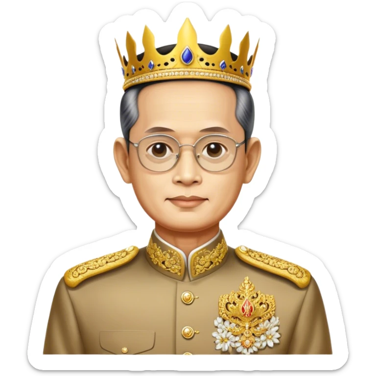 Cinematic Realistic King Bhumibol Adulyadej Portrait Emoji, depicted as a revered Thai monarch with a dignified expression and traditional royal attire, rendered with lifelike textures and soft regal lighting that captures his lasting legacy. sticker