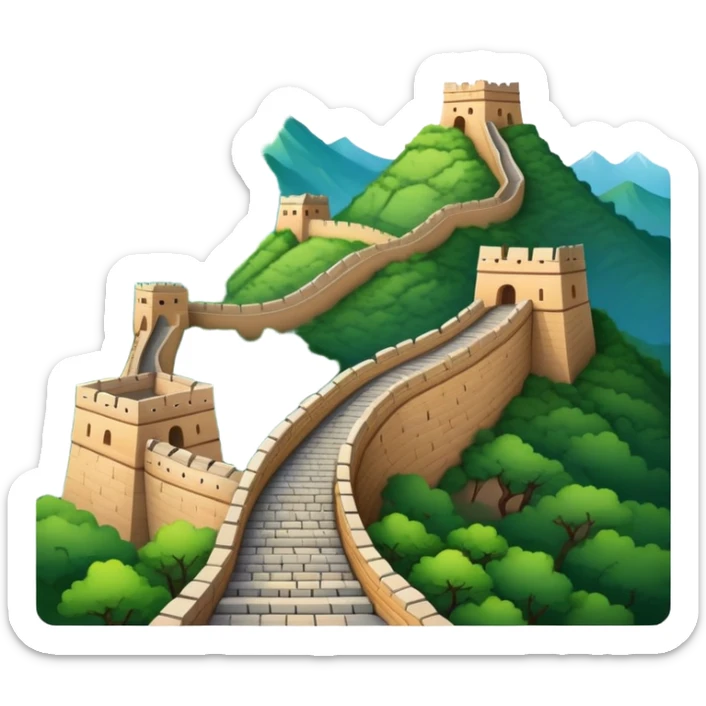 Great Wall of China, simplified emoji style with bold outlines and bright colors, cartoon style ancient wall on mountains sticker