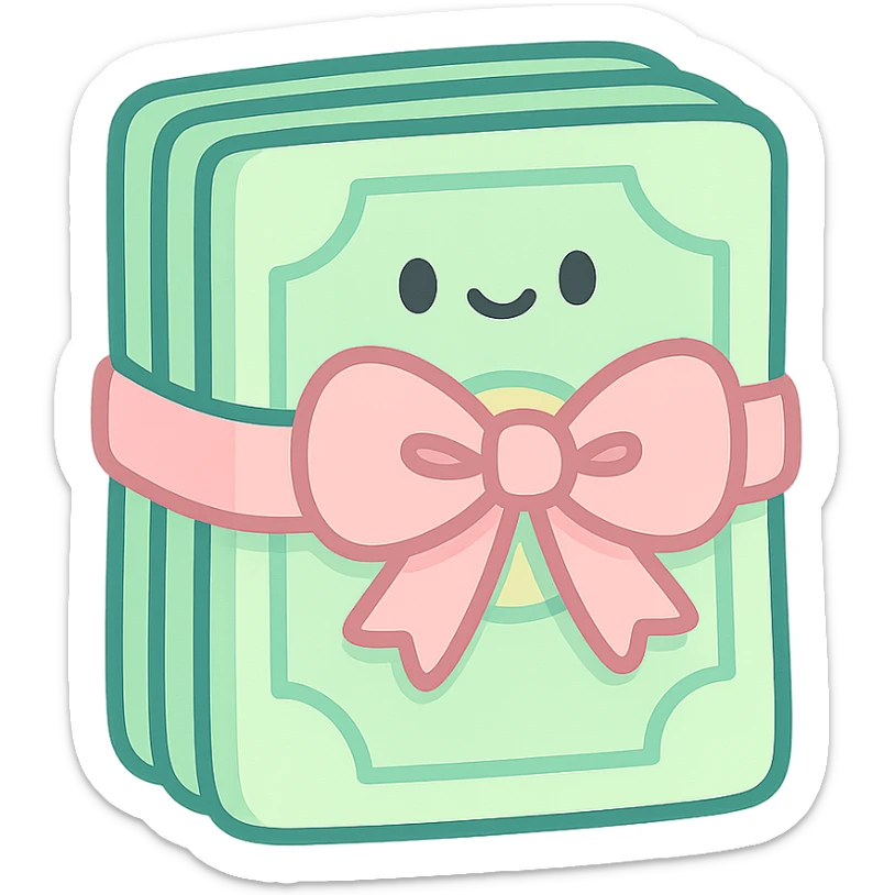 a stack of money in pastel colors, tied with a pastel pink bow, soft and cute sticker