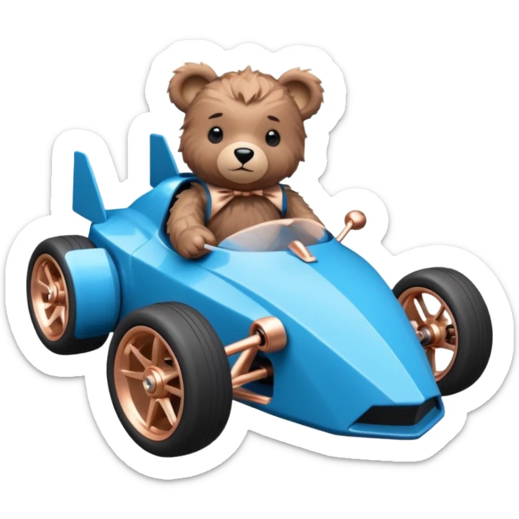 dark crystal blue and rosegold-accented faceted-body rc racing car driven by a small cute but fearless teddy baby bear with rear spoiler, roll bar, and wheely bar sticker