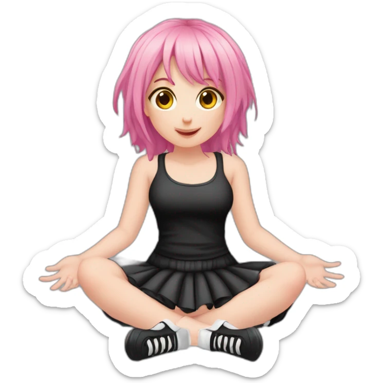 Full body Front view curvy emo girl pink hair sits on the floor straight view hands up black skirt белые трусики полосатые рваные чулки sticker