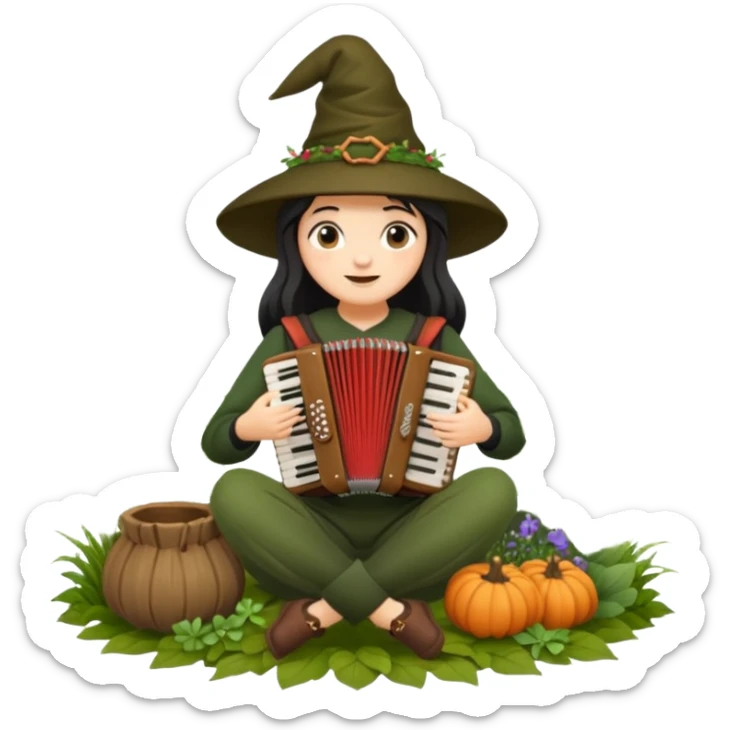 cozy woodland witch woman playing small accordion, surrounded by herbs sticker
