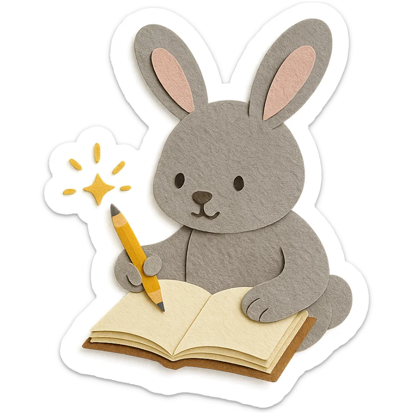 highly detailed, high quality paper craft style illustration of a gray bunny writing in a notebook with a spark of light, intricate textures, soft lighting, delicate cut-paper details sticker