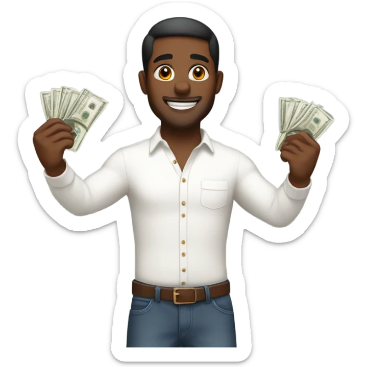 Guy with brown skin in white long sleeve wins money in his raised hands sticker