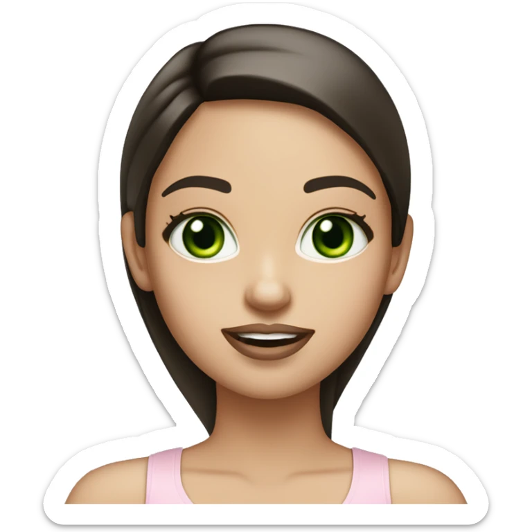 beautiful girl with high cheek bones, long straight shiny dark brown hair, big green eyes and big pale pink lips. Wearing a cream tank top sticker