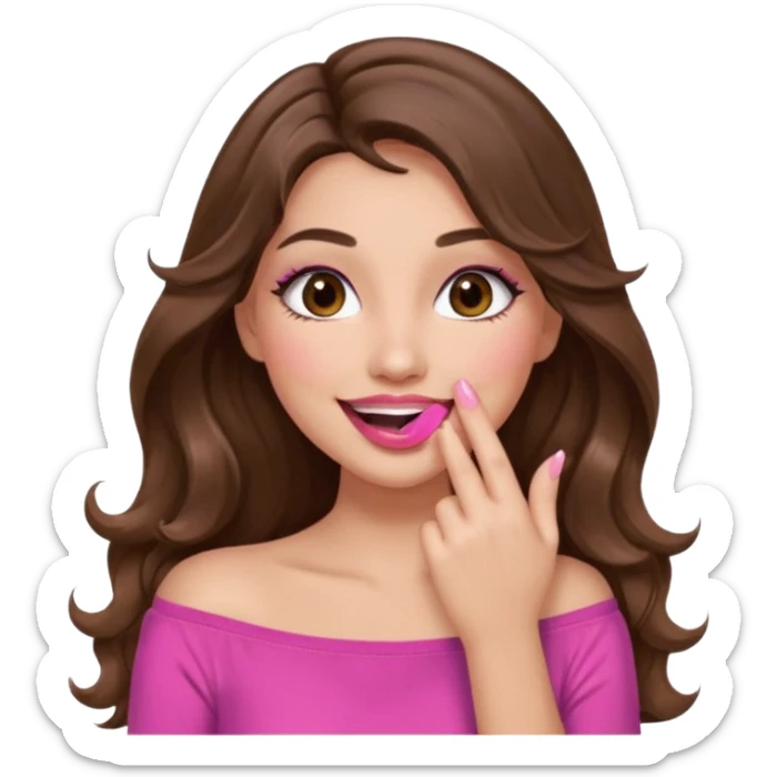 girl with long wavy brown hair, brown eyes, long lashes makeup, sexy pink lips, light to medium complexion, pink sexy top, sexy, gigling hand covering mouth sticker
