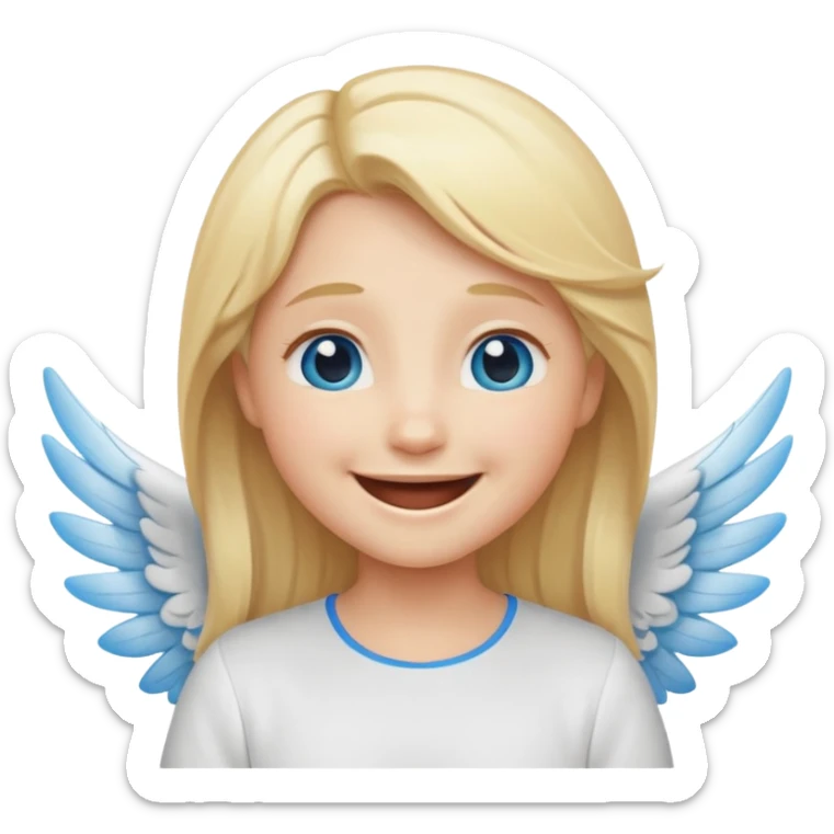 angel emoji blonde hair, blue eyes and smiling, larger wings with darker outline on them and bigger smile and more smiley eyes laughing sticker