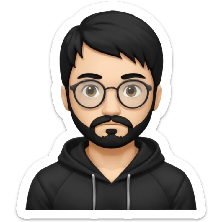 Man, hispanic skin, black hair, black beard, black mustache black eyes black t hoodie, small nose, long emo hair, muscular , round glasses sticker