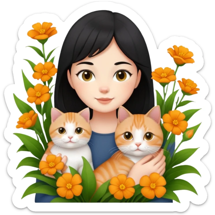 A black-haired girl happily holds a Ginger British Shorthair Cat in the flowers sticker