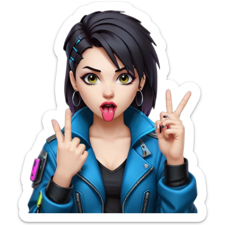 Woman with her tongue out in cyberpunk clothing and giving the middle finger. Looking naughty. sticker