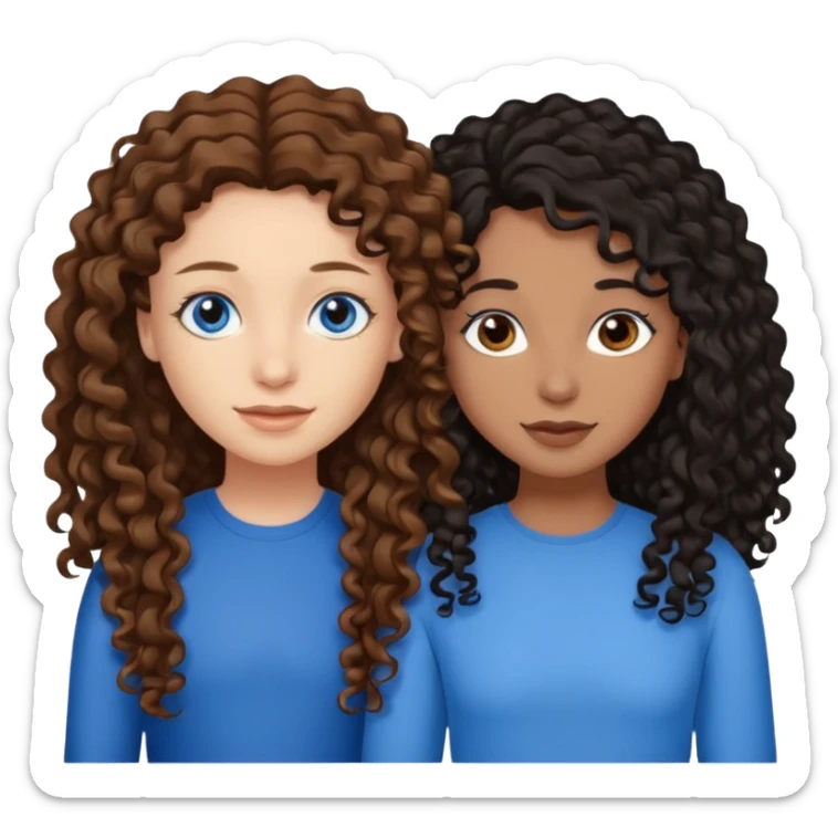 Two best friends .bestie 1: beige skin with brown long hair and blue eye. Bestie 2:mixed race skin with curly black hair and brown eye sticker