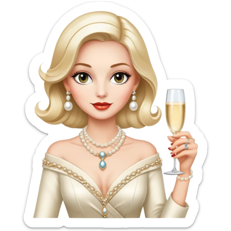Elegant Western socialite with designer clothes, pearl necklace, champagne glass, luxury lifestyle sticker