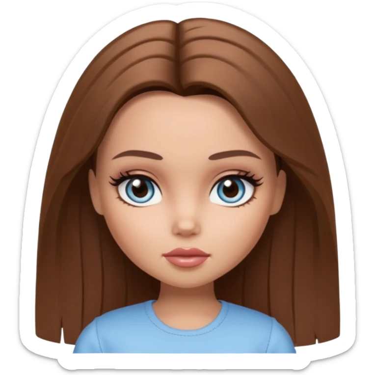 Pretty Bratz doll baddie, straight brown mid lenght hair, pale-tanned skin, natural makeup, light blue-grey eyes sticker