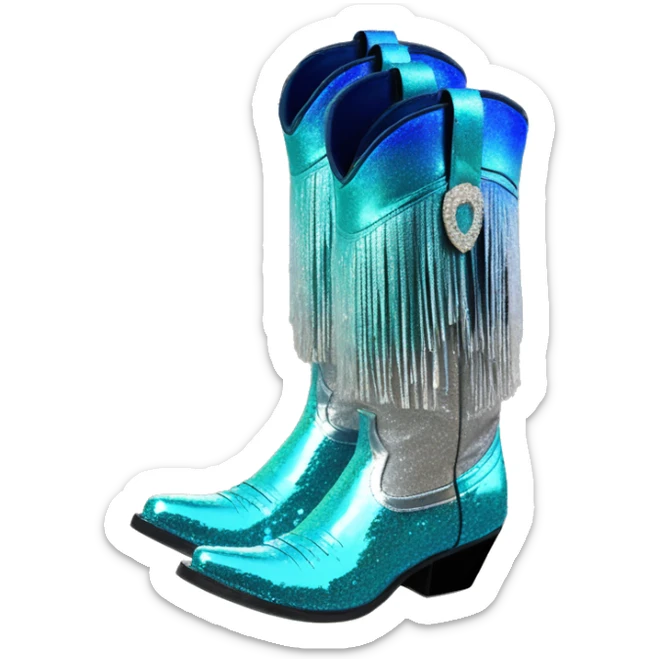 Realistic silver and peacock blue ombre pair of fashion cowgirl boots with sparkly shiny glitter fringe on them. sticker