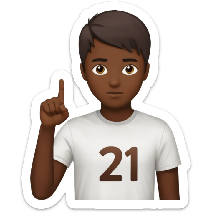 It says 21 with I kid (skin color dark chocolate with most of his hair cut off) pointing at 21 sticker