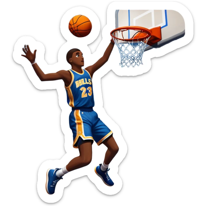 An icon featuring a basketball court with players in action, inspired by NBA 2K25. A player jumps for a dunk, with the ball mid-air. Bright lights illuminate the court, symbolizing the excitement of sports simulation games. Transparent background emphasizes the energy. sticker