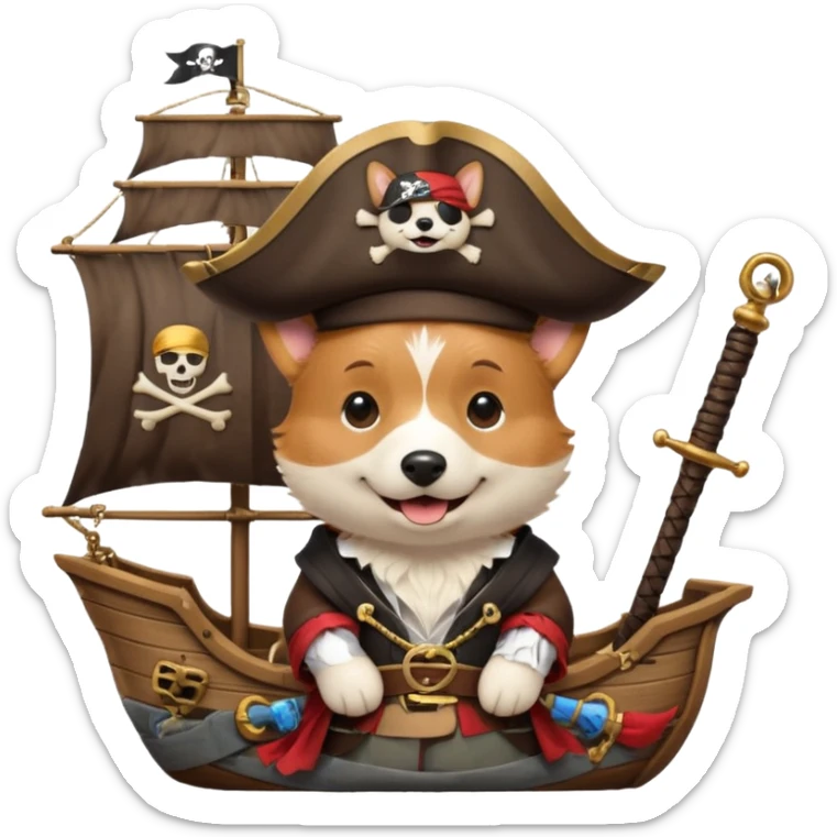 cartoon corgi dressed as a pirate with a hat and eyepatch, on a wooden pirate ship sticker