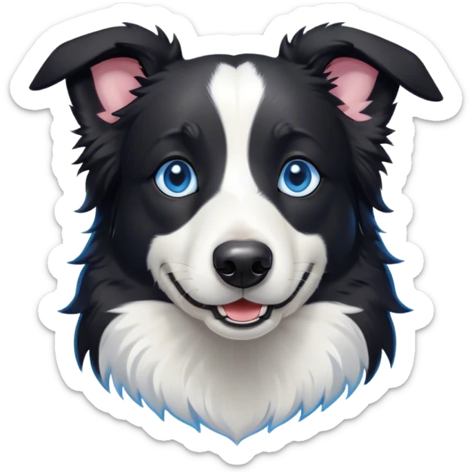 Cinematic Cute Black and White Border Collie Portrait Emoji, Head tilted playfully and inquisitively, with a sleek black and white coat and bright, sparkling blue eyes filled with curiosity, Simplified yet irresistibly adorable features, highly detailed, glowing with a warm, friendly glow, high shine, energetic and affectionate, stylized with a touch of whimsy, bright and endearing, soft glowing outline, capturing the essence of a mischievous yet loving pup, so playful it feels like it could bound out of the screen and into your arms! sticker