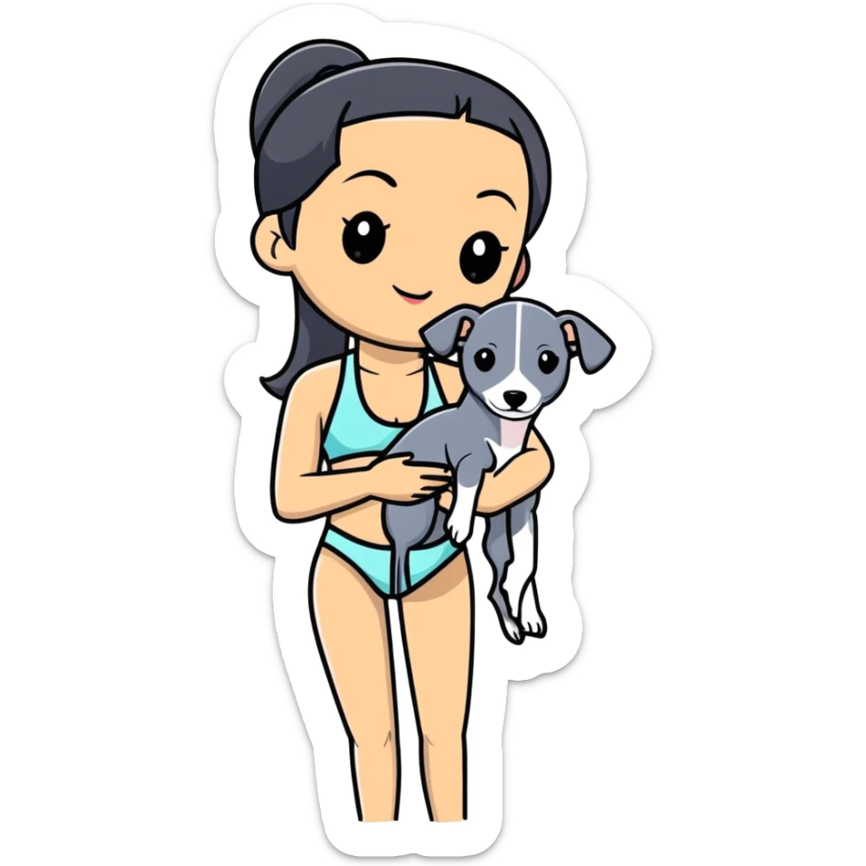 Slim Chinese woman with long black hair in appropriate pool attire at an indoor swimming pool with her Italian greyhound that is COMPLETELY solid grey, with absolutely NO white markings anywhere, single uniform grey color throughout entire dog body sticker