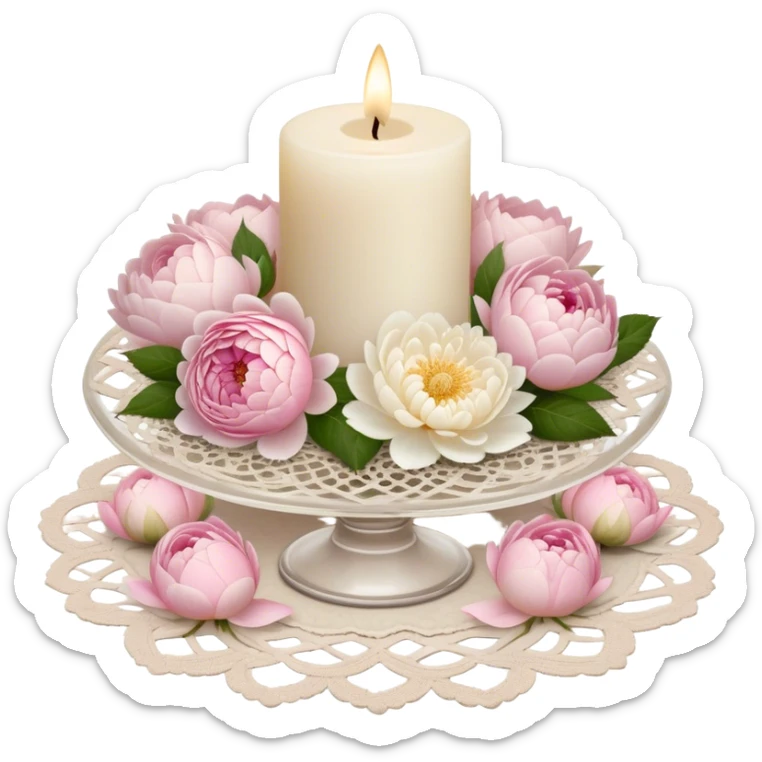 A small ivory wax candle in an ornate glass holder, placed on an antique lace doily, surrounded by loose soft pink rose petals, delicate white peonies, and blush dahlias, casting a warm, vintage glow.
 sticker